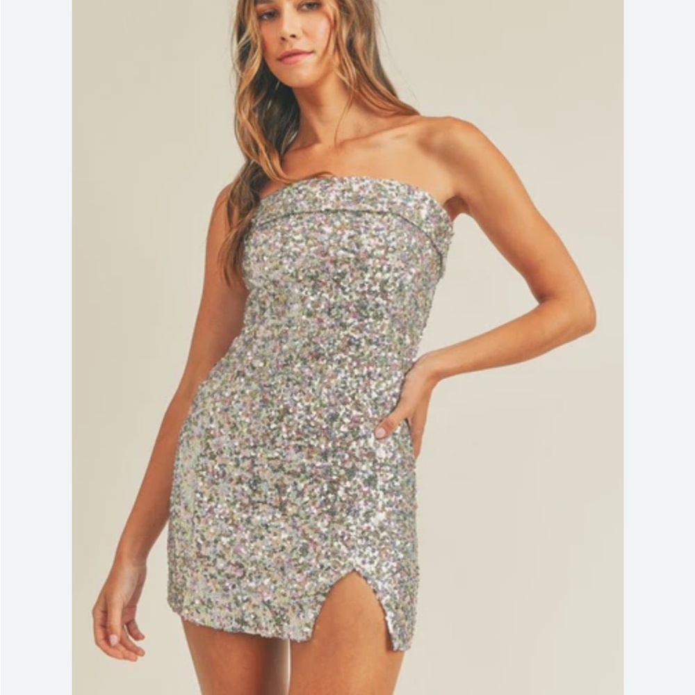 Ashley Stewart Silver Strapless Sequin Dress